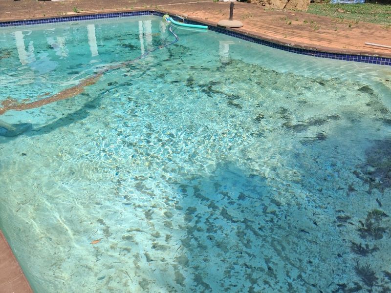 Outdoor pool area featuring a swimming pool with decorative columns and a stone fountain, currently requiring significant maintenance and cleaning.
