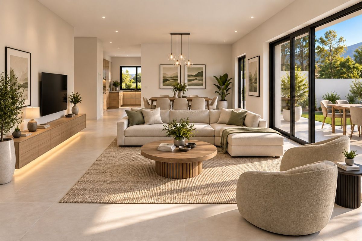 Spacious open-plan living and dining area featuring modern tiled floors, recessed lighting, and large sliding glass doors leading to an outdoor patio.