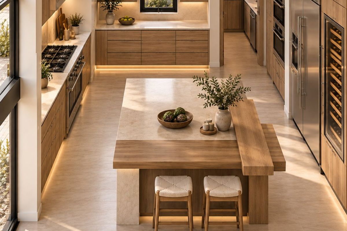 Modern luxury kitchen featuring high-end cabinetry, stone island with breakfast bar, integrated appliances, and a connected scullery with ample storage.