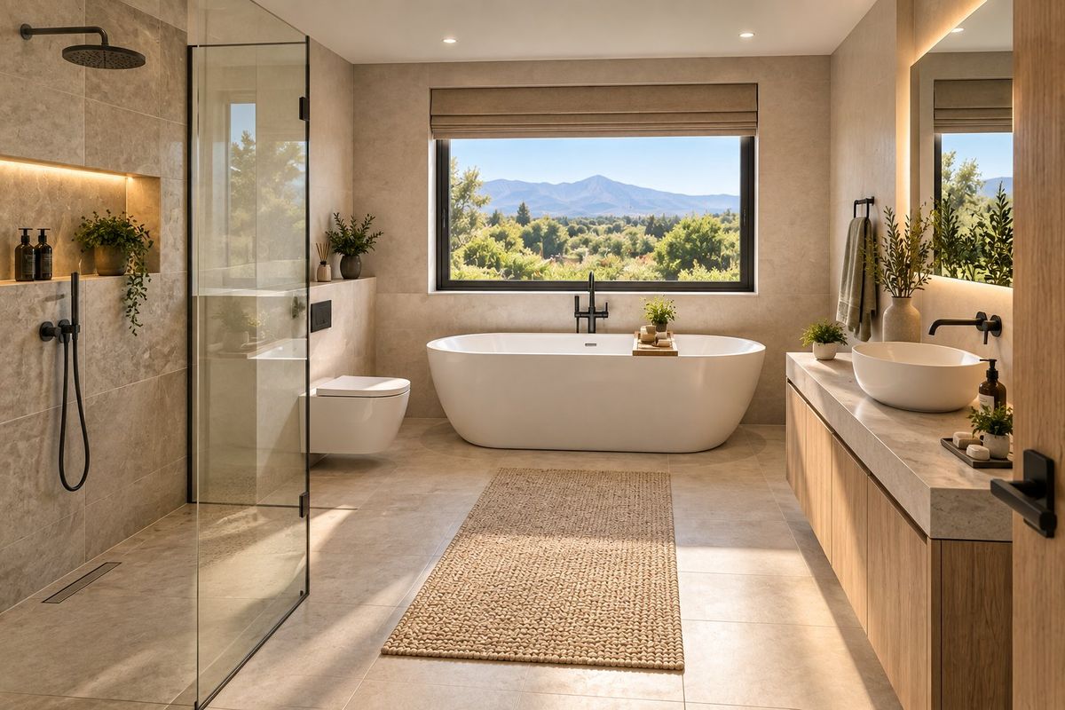 Modern luxury bathroom featuring a freestanding bathtub, walk-in shower, double vanity with stone countertop, and scenic mountain views.
