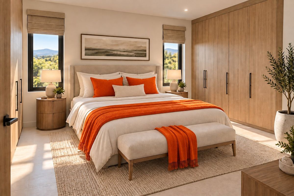 A well-appointed bedroom featuring built-in timber-look wardrobes, tiled flooring, and large windows providing natural light and scenic views.