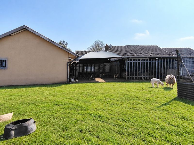 Rear view of the farm property featuring a lawn area, security fencing, and a covered patio space.