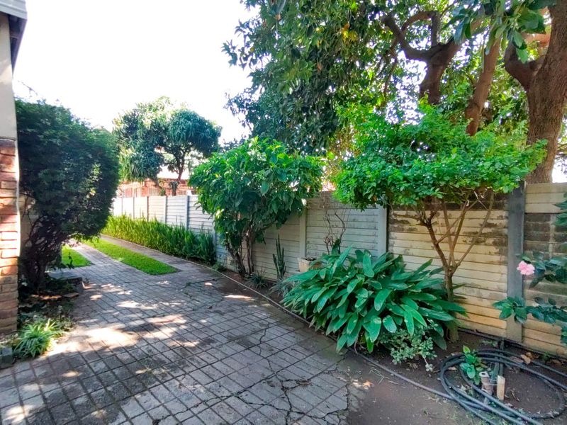 A side garden area featuring a paved walkway, mature trees, and a precast concrete boundary wall.