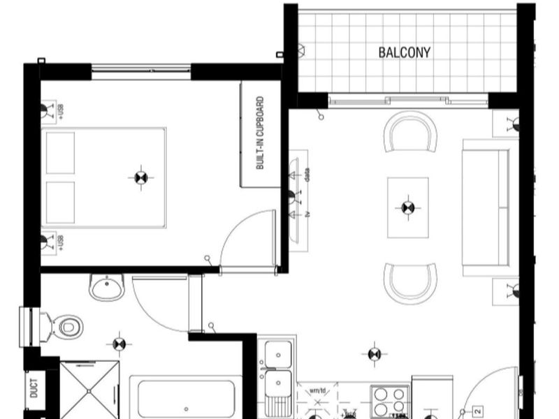 A detailed architectural floor plan showing a one-bedroom apartment layout with an open-plan living area, kitchen, bathroom, and balcony.