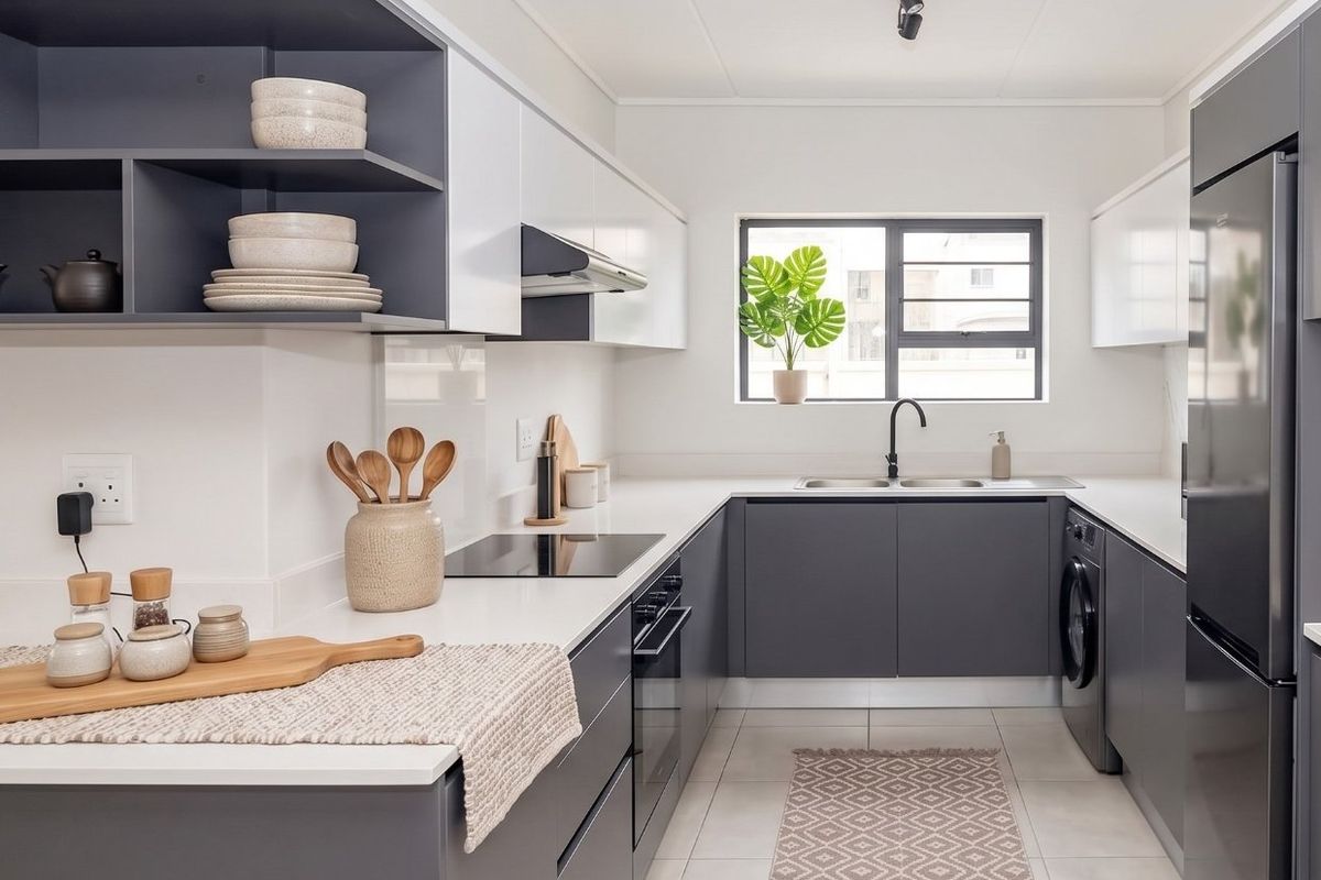 Modern, well-appointed kitchen featuring sleek grey and white cabinetry, quartz countertops, integrated appliances, and high-quality finishes throughout.