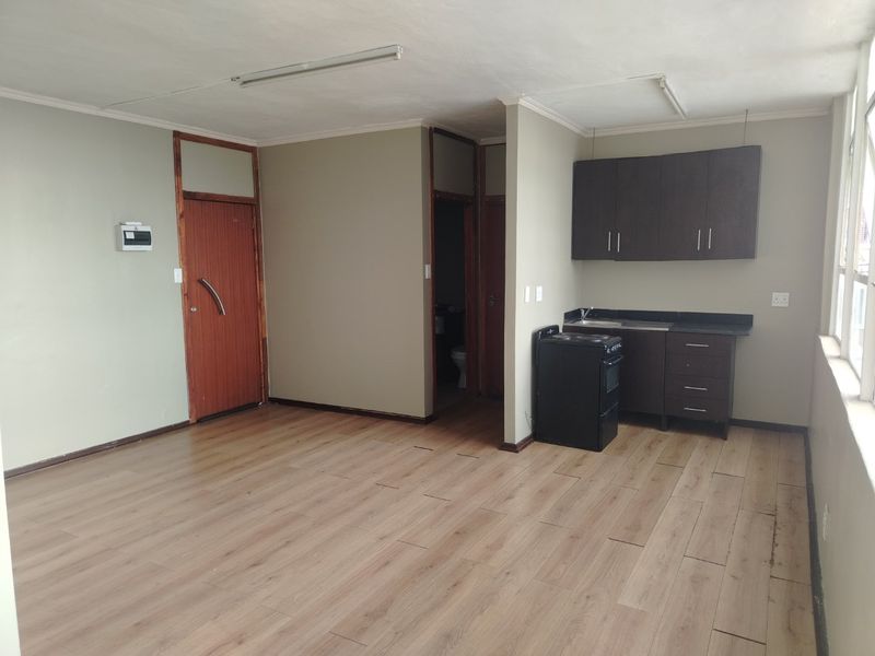Open-plan living area featuring laminate flooring, a compact kitchen with built-in cabinetry, and a freestanding stove.