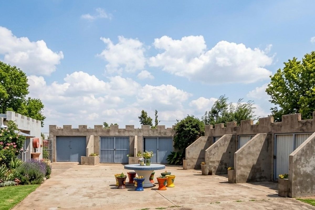 Spacious rear courtyard featuring multiple garage access points, concrete paving, and a decorative parapet wall design, set within a landscaped garden area.