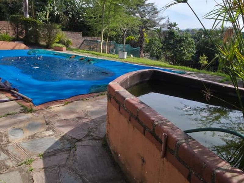 Outdoor pool area featuring a swimming pool with a blue cover, stone paving, and a raised brick water feature in need of maintenance.