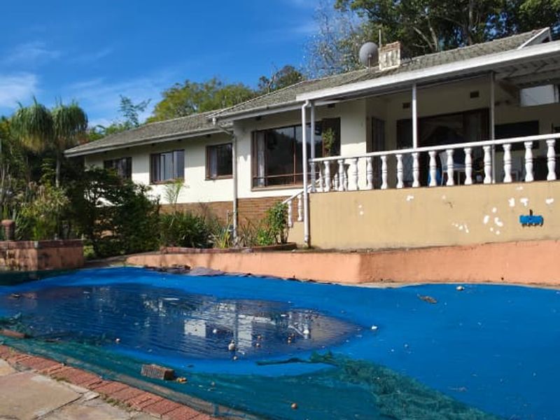 Rear exterior view featuring a swimming pool with a cover, a paved patio area, and a covered veranda with a balustrade.