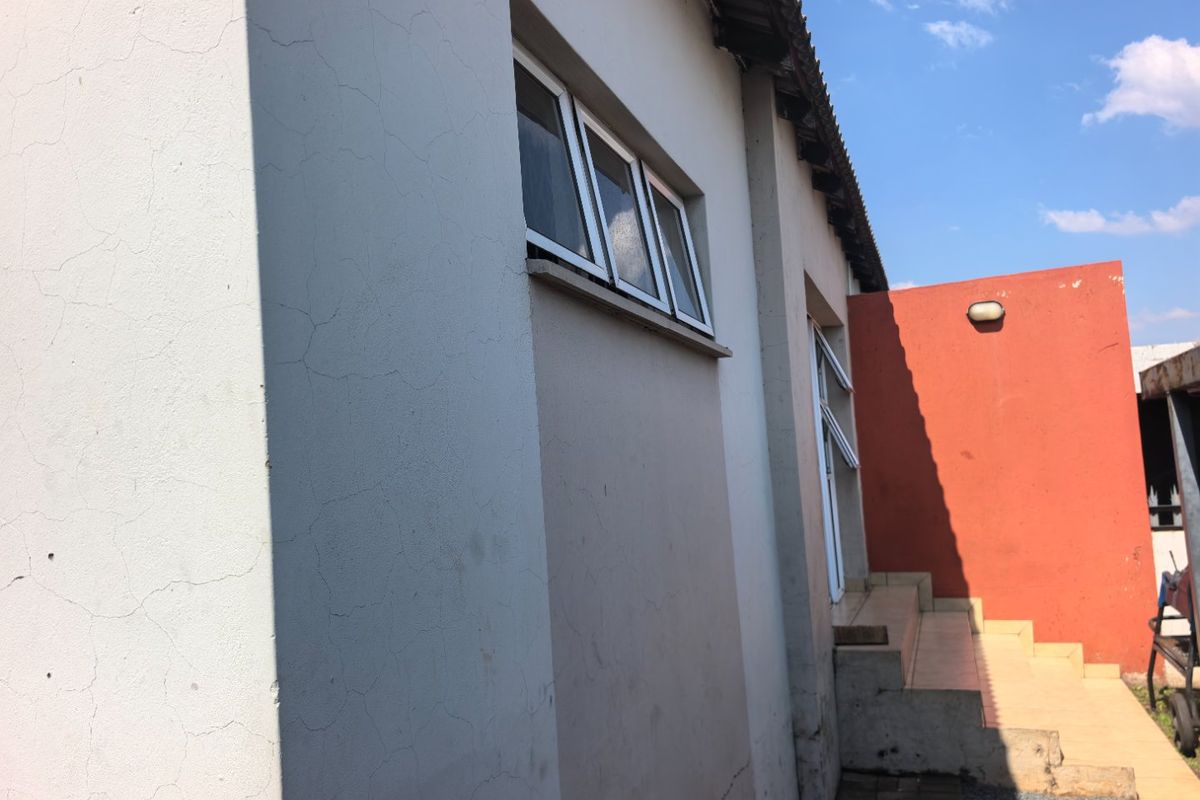 A view of the rear exterior wall showing tiled steps, an external light fixture, and visible cracking in the plaster finish.