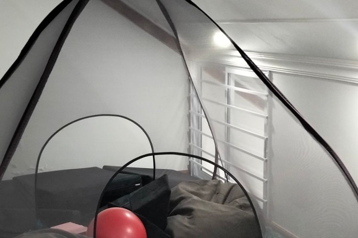 A bedroom space featuring a sloped ceiling and timber flooring, currently utilized as a casual living area.