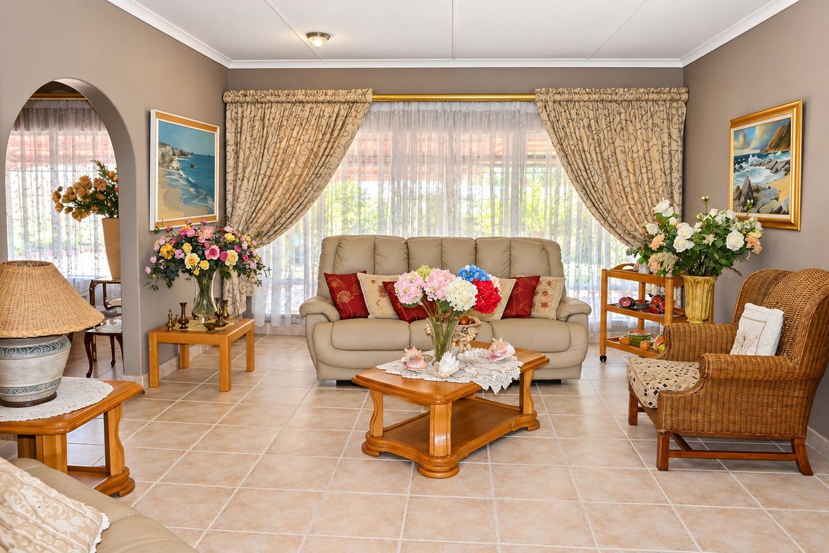 A well-maintained living room featuring neutral tiled flooring, an arched entryway, and large windows with classic drapery, offering a comfortable and traditional living space.