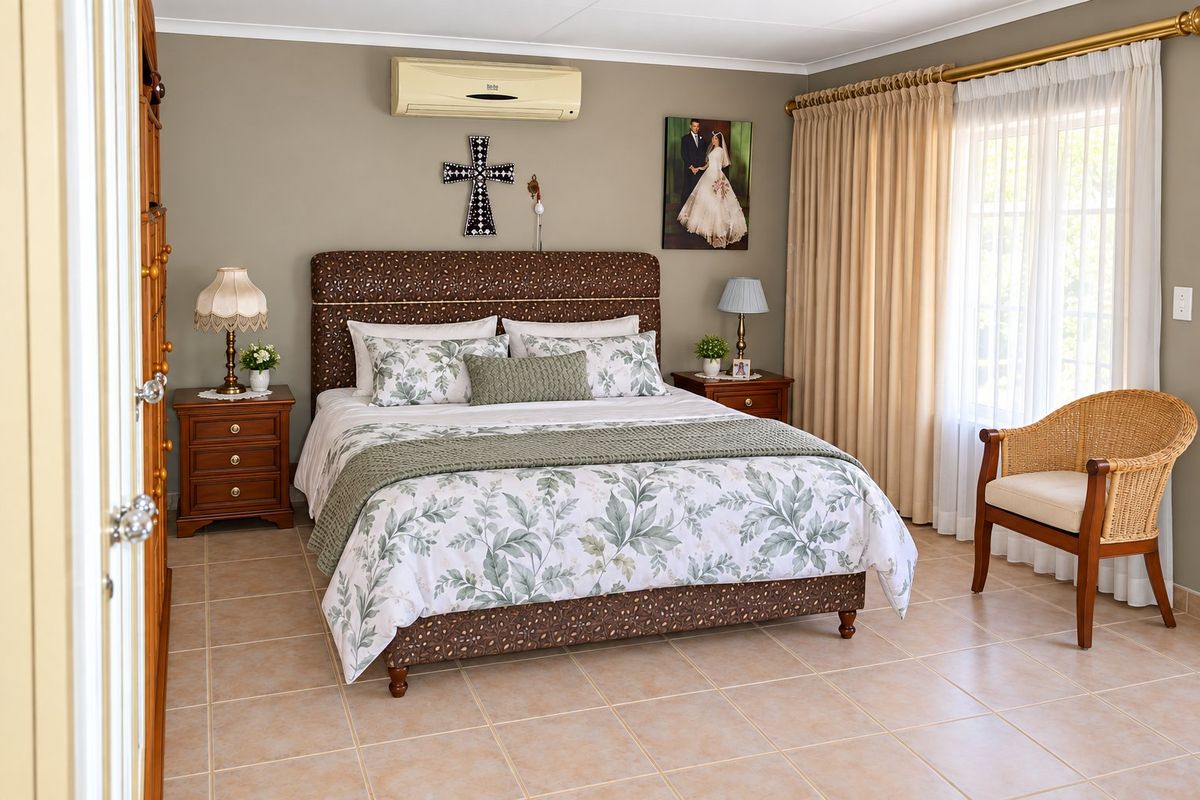 A well-maintained bedroom featuring tiled flooring and a wall-mounted split-system air conditioner, offering a comfortable and functional living space.