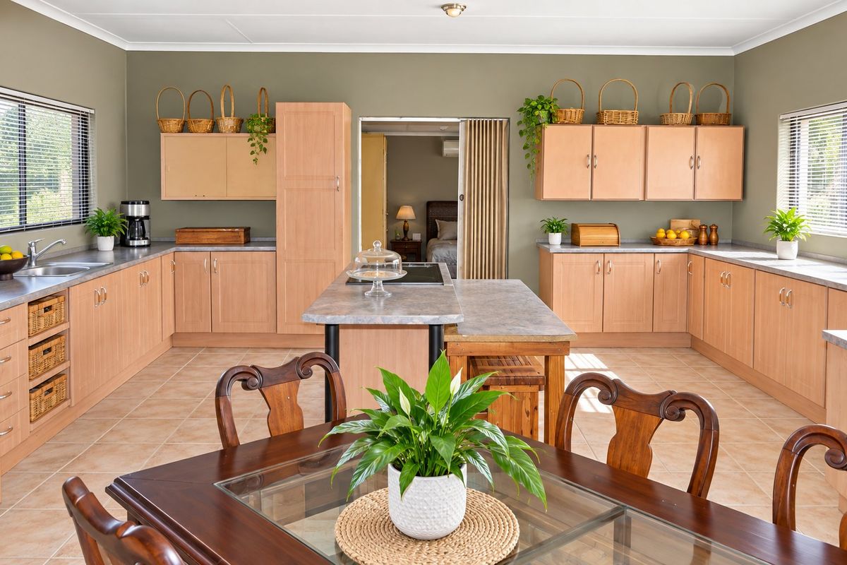 Spacious kitchen featuring light wood-tone cabinetry, laminate countertops, a central island with a built-in cooktop, and tiled flooring throughout.