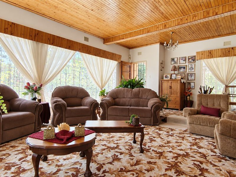 Spacious living room featuring a warm timber tongue and groove ceiling, large windows with security gates, and patterned carpet flooring.