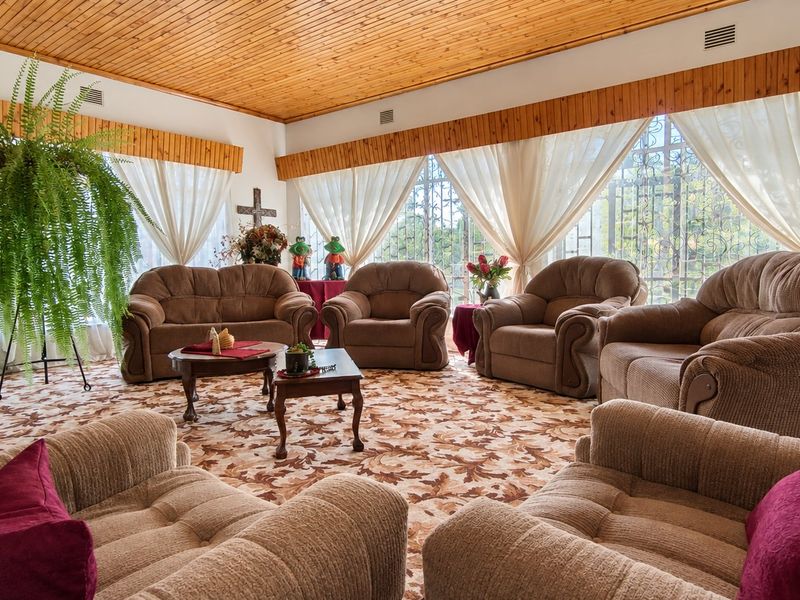 A spacious living room featuring a timber-clad ceiling, patterned carpeting, and large windows secured with decorative metal grilles.