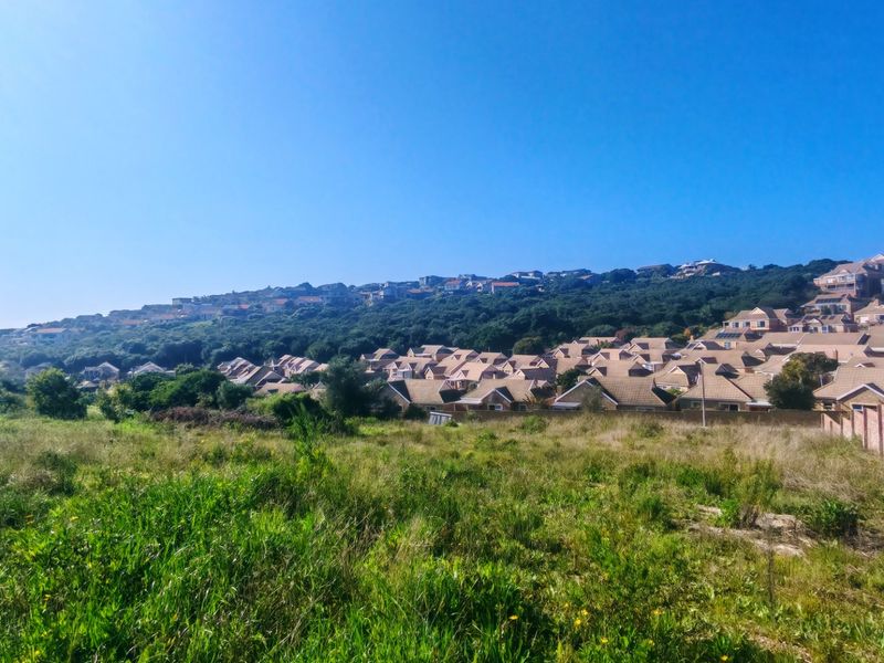 A wide-angle view of a vacant residential plot overlooking a developed suburban neighborhood with established housing and natural vegetation.