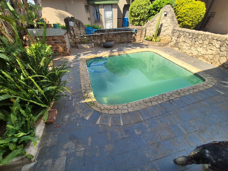 Outdoor pool area featuring a paved surround and decorative stone retaining walls, requiring maintenance to restore the water quality and surrounding finishes.