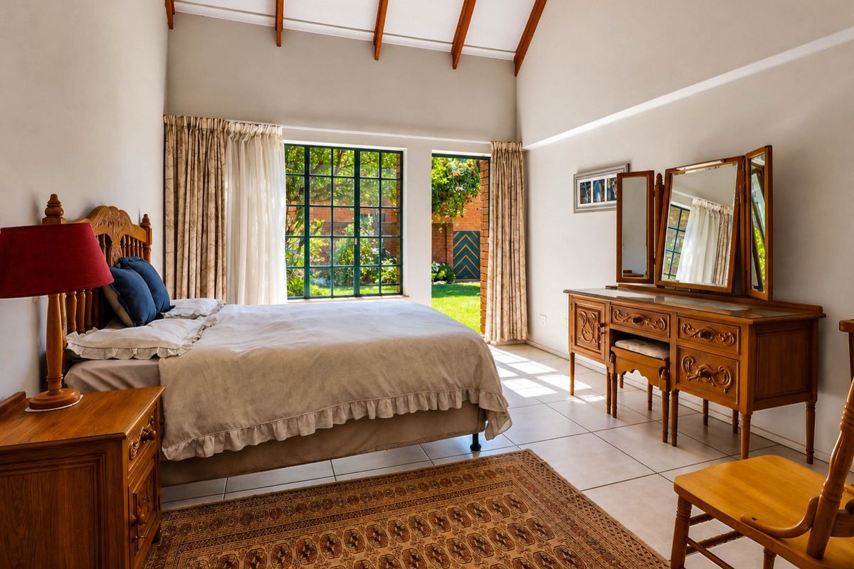 Spacious bedroom featuring high vaulted ceilings with exposed timber beams, tiled flooring, and direct access to a private garden through a glass door.