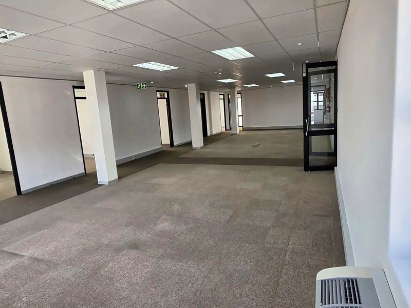 Spacious open-plan commercial office area featuring suspended ceilings, recessed lighting, carpeted flooring, and multiple partitioned office access points.