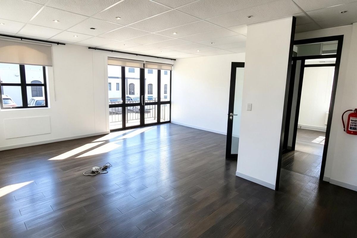 A bright, open-plan office space featuring modern laminate flooring, recessed ceiling lights, air conditioning, and large windows with roller blinds.