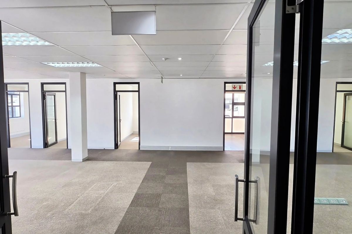A spacious, vacant commercial office area featuring a suspended ceiling, carpeted flooring, and multiple glass-paneled doorways leading to individual office suites.