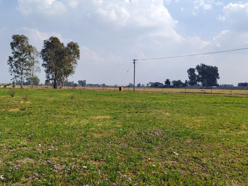 Expansive open farm land featuring natural grass coverage, perimeter fencing, and utility infrastructure under a clear sky.