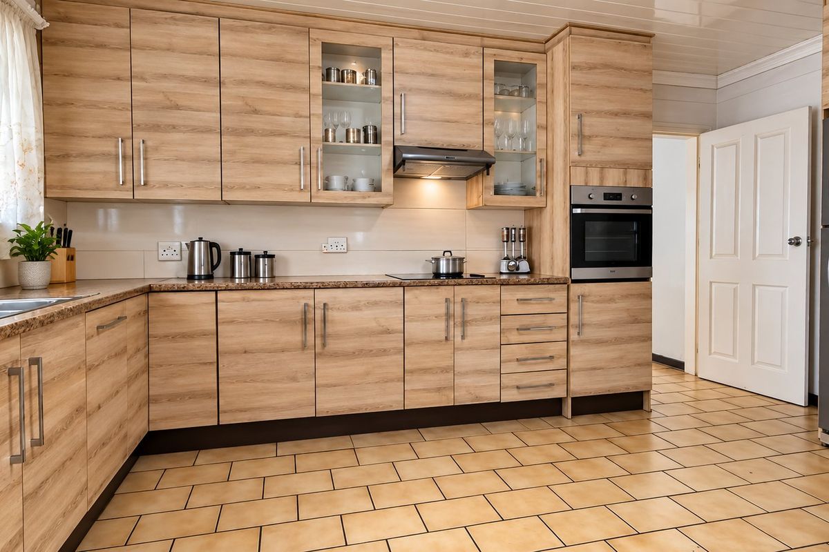 A well-maintained kitchen featuring light wood-grain cabinetry, granite countertops, built-in oven, extractor fan, and durable ceramic tile flooring.