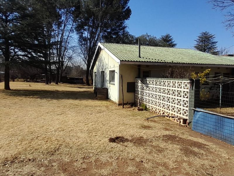 Rear view of the property featuring a corrugated metal roof, decorative breeze block wall, and a large, dry garden area.