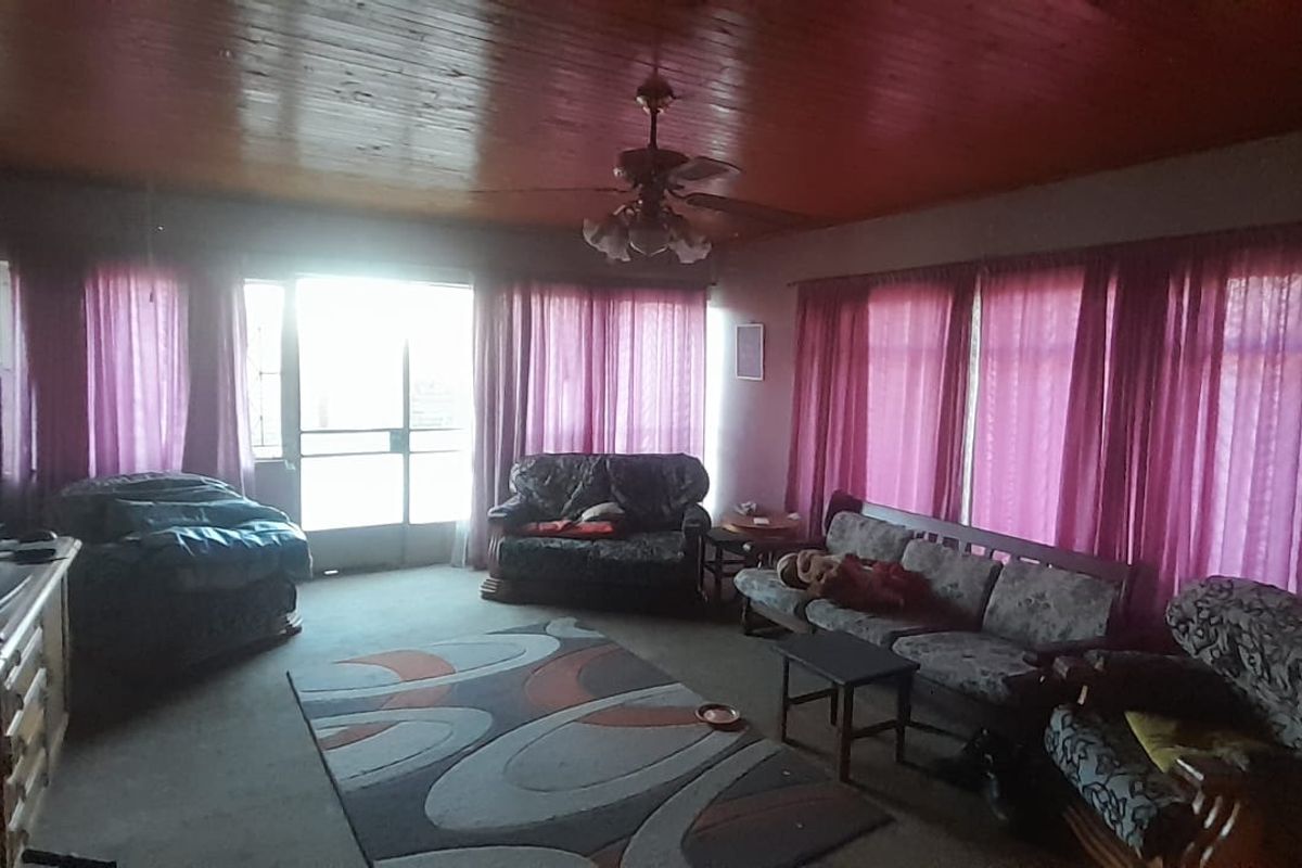 A spacious living room featuring a timber-paneled ceiling, ceiling fan, and large windows that provide ample natural light.