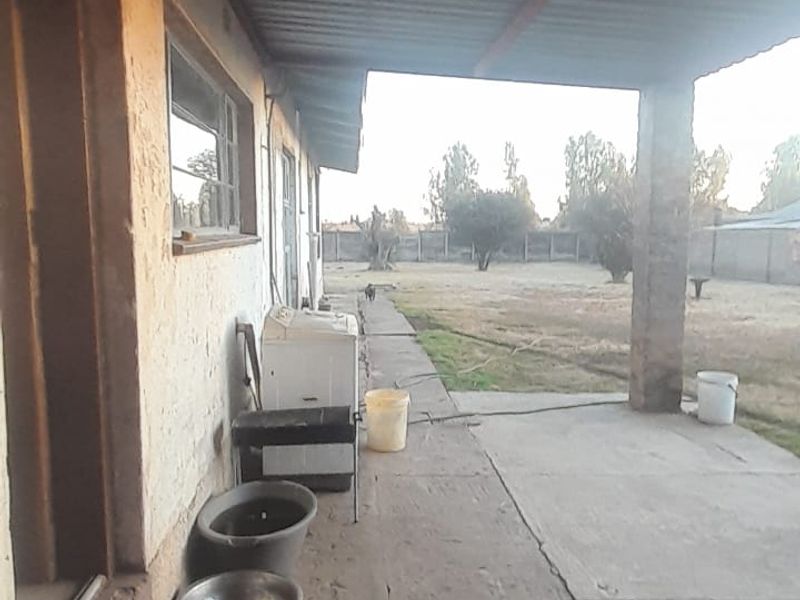 A covered outdoor patio area featuring a corrugated metal roof, concrete flooring, and a brick support pillar, overlooking the rear garden space.