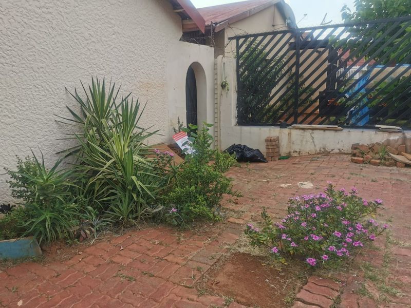 A rear exterior area featuring brick paving, a metal security gate, and a plastered boundary wall with an arched entrance.