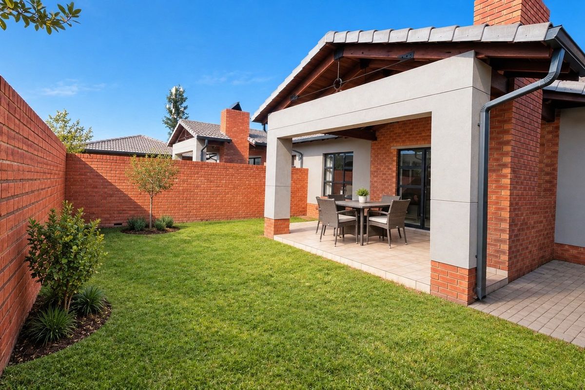A well-maintained rear garden featuring a covered patio with exposed timber rafters, brick boundary walls, and a neat lawn area.