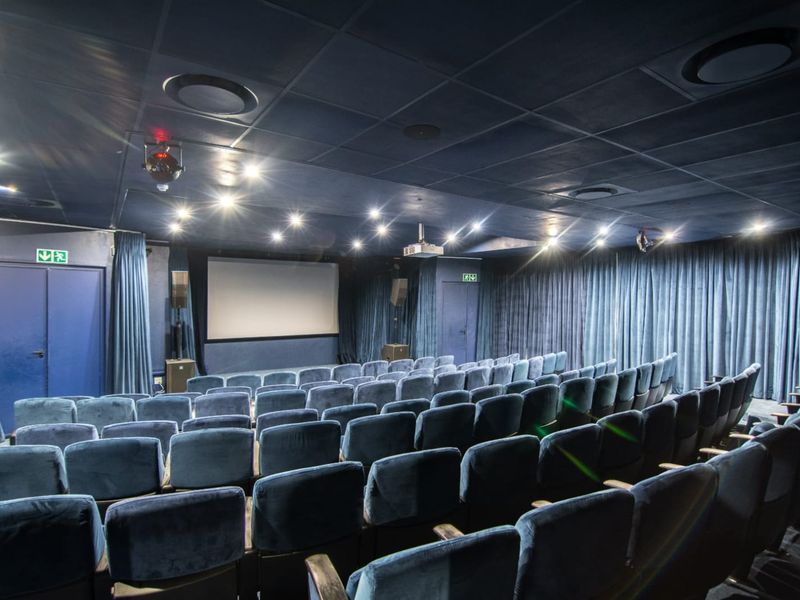 A dedicated cinema room featuring tiered seating, a large projector screen, professional acoustic ceiling treatment, and integrated recessed lighting for an immersive viewing experience.