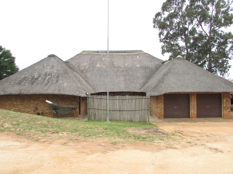 Front view of a farm-style residence featuring a traditional thatch roof, face brick exterior, and an integrated double garage.