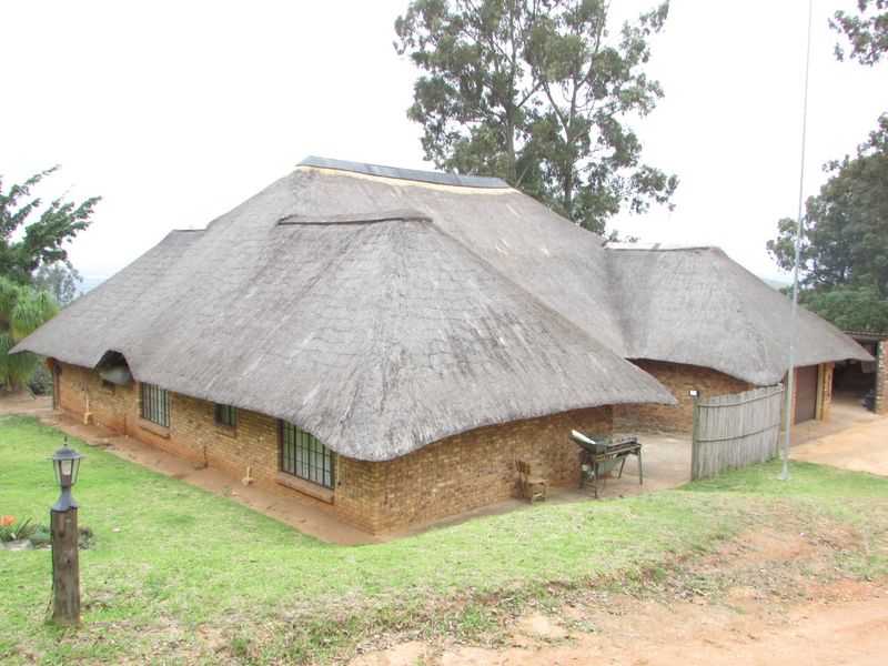 Rear view of a traditional farm-style residence featuring a large thatch roof and face brick exterior walls set within a rural landscape.