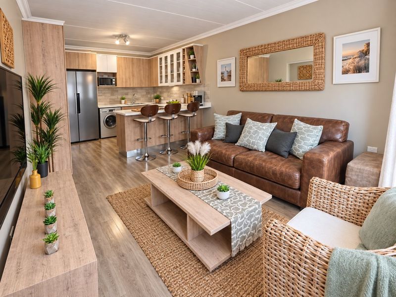 A well-maintained open-plan living and kitchen area featuring modern wood-finish cabinetry, a functional kitchen island, and durable laminate flooring throughout.