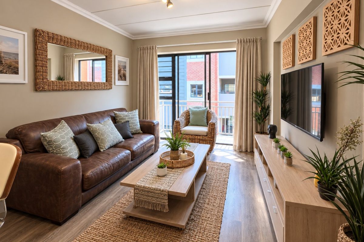 A well-maintained living room featuring laminate flooring, ceiling coving, and a sliding glass door leading to a balcony.