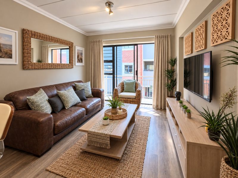 A well-maintained living room featuring laminate flooring, ceiling coving, and a sliding glass door leading to a balcony.