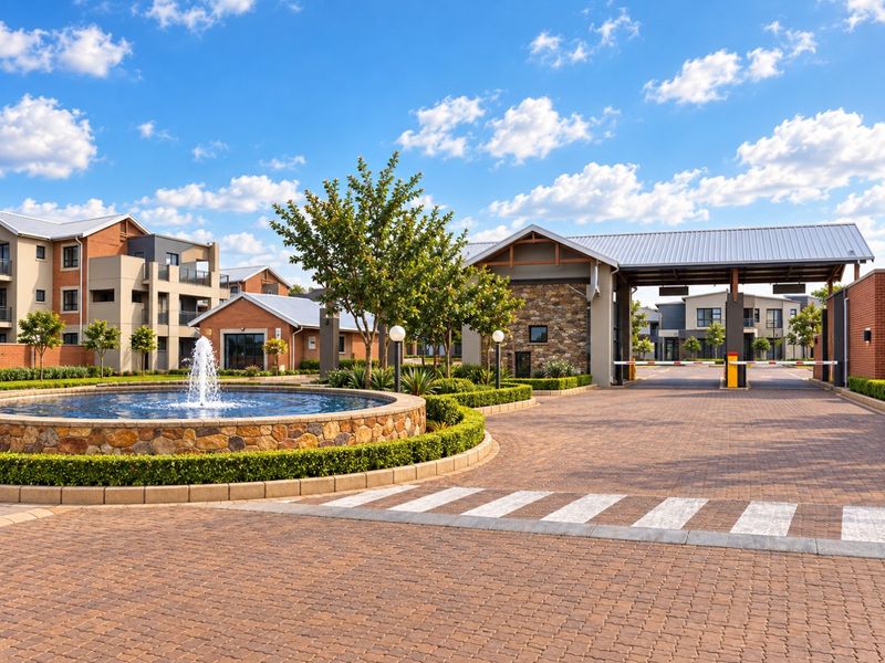 A well-maintained residential estate entrance featuring a stone-clad fountain, paved driveway, and secure access control gate.