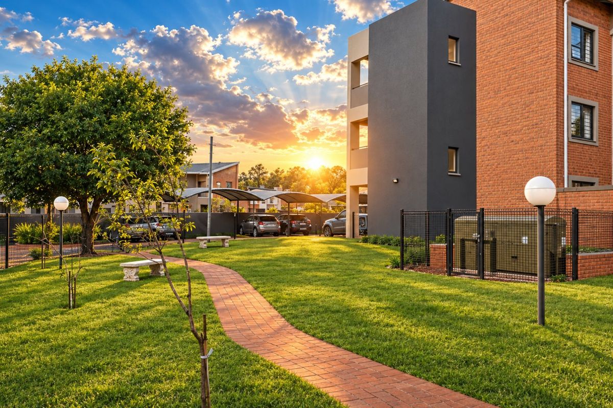 A well-maintained communal garden area featuring a brick paved pathway, manicured lawn, and modern townhouse architecture with adjacent carport parking.