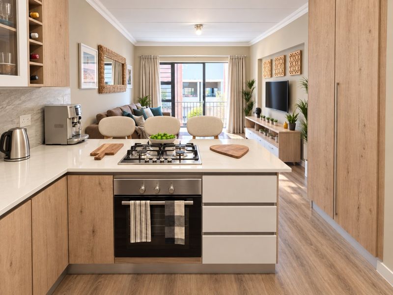 Modern open-plan kitchen and living area featuring light wood cabinetry, stone countertops, integrated gas hob, and seamless flow to a balcony through sliding doors.
