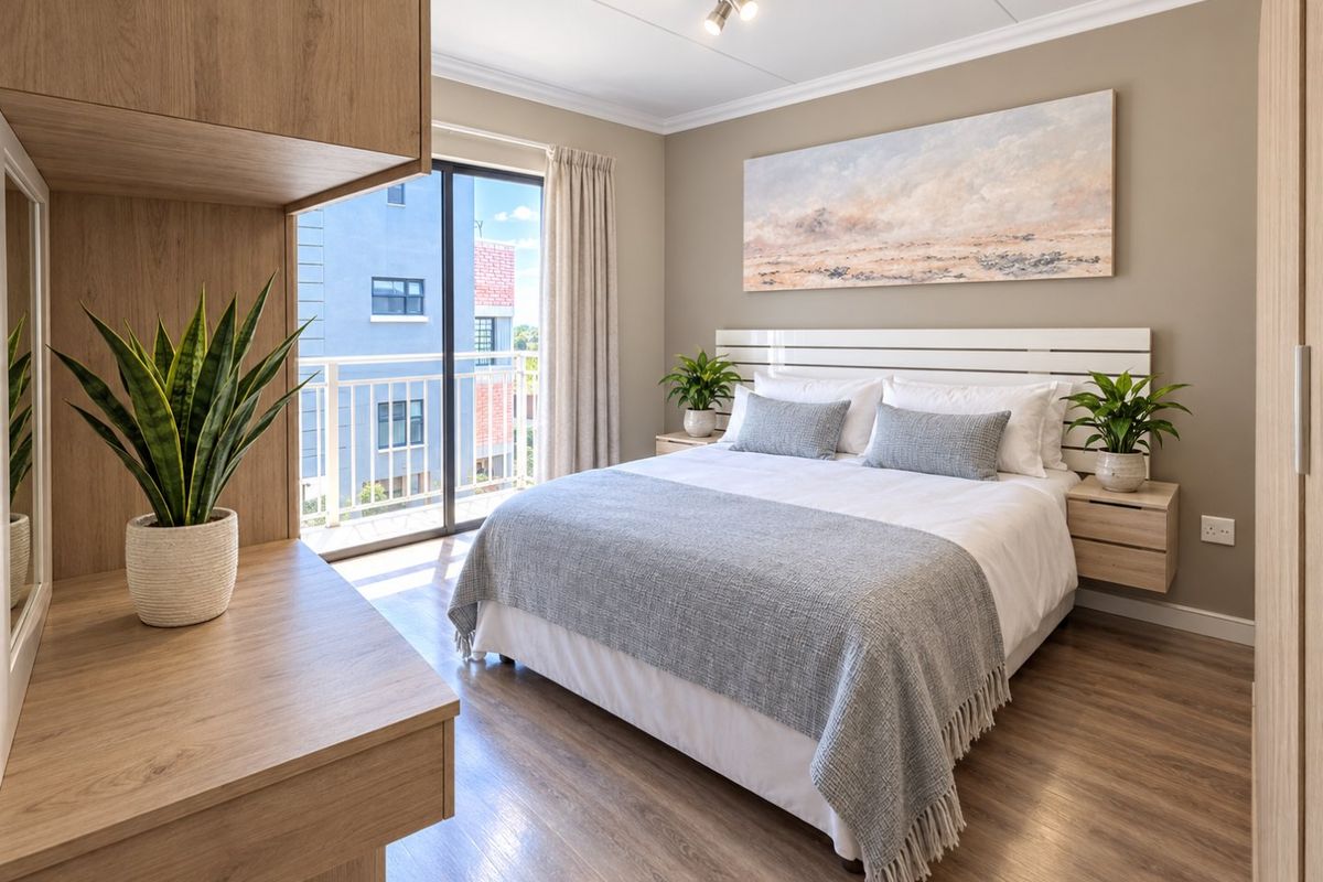 A well-maintained bedroom featuring laminate flooring, built-in cabinetry, and a sliding glass door leading to a private balcony.