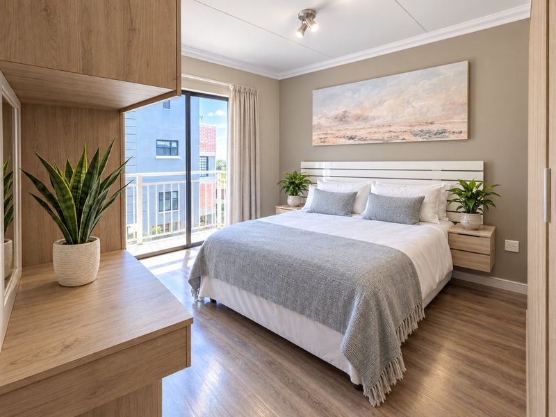 A well-maintained bedroom featuring laminate flooring, built-in cabinetry, and a sliding glass door leading to a private balcony.