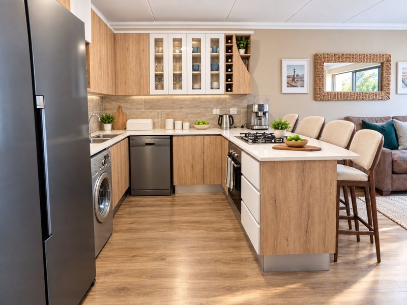 Modern open-plan kitchen featuring light wood-grain cabinetry, stone countertops, integrated appliances, and a breakfast bar, seamlessly flowing into the living area.