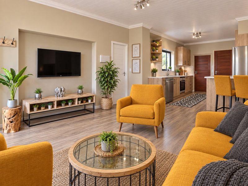 Modern open-plan living area featuring a contemporary kitchen with timber-look cabinetry, integrated appliances, and a seamless flow into the comfortable lounge space.