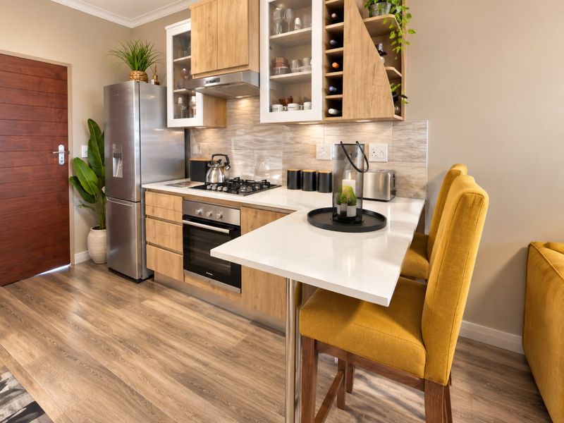 Modern kitchen featuring light wood cabinetry, stone countertops, integrated gas hob, oven, and a breakfast bar with stylish finishes.