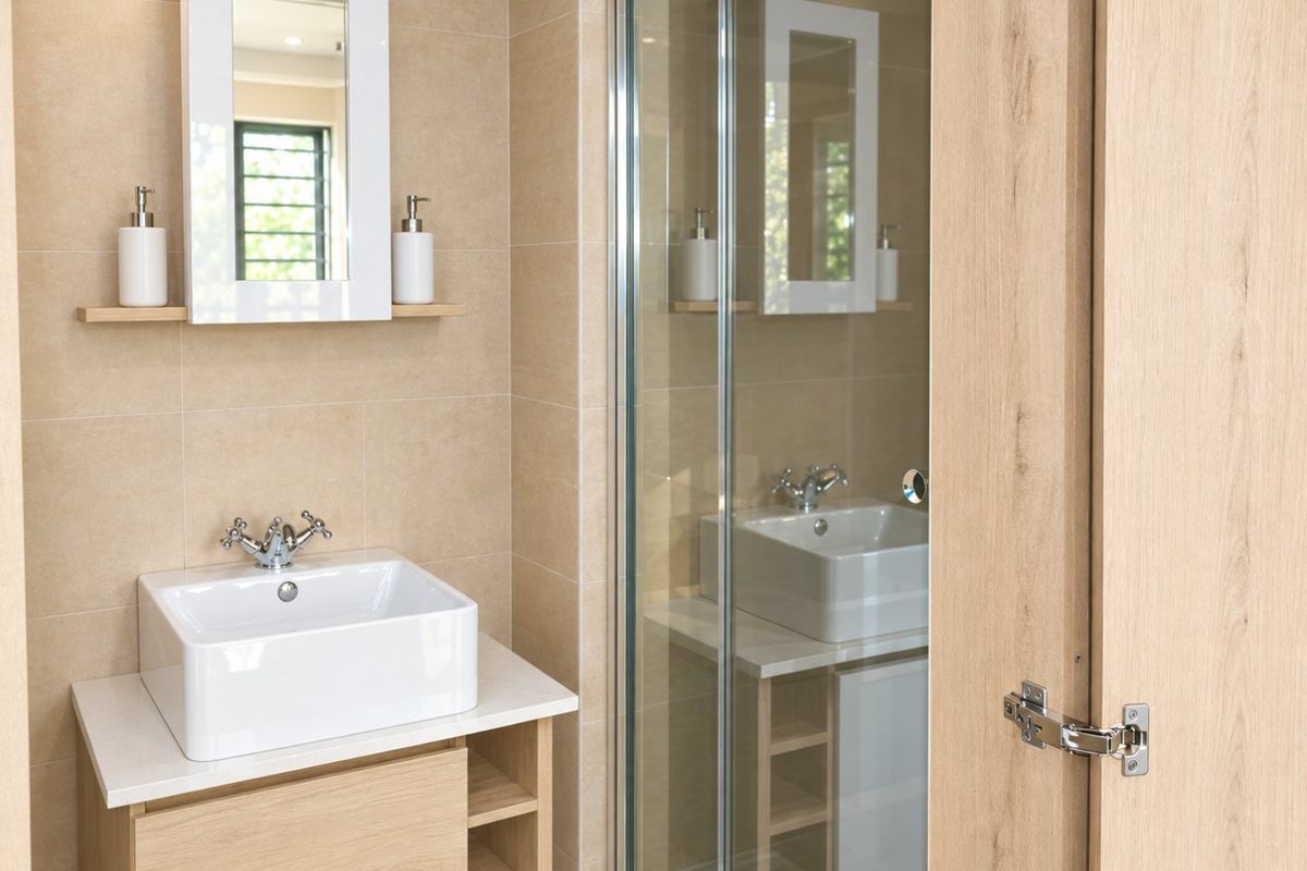 Modern bathroom featuring a vessel sink on a light wood vanity, stone countertop, and a glass-enclosed shower with neutral wall tiling.