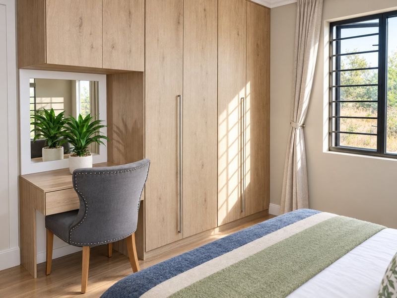 A well-maintained bedroom featuring modern light wood built-in cupboards with an integrated vanity station and secure window finishes.