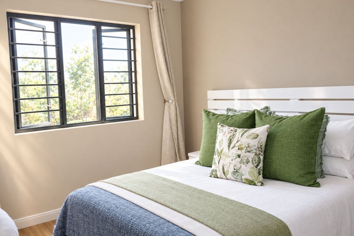 A well-maintained bedroom featuring laminate flooring, neutral wall tones, and a window fitted with security bars.